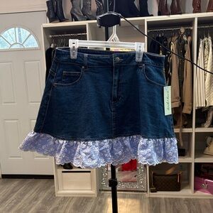 Derek Heart Dark Blue Denim Skirt with Patterned Ruffle